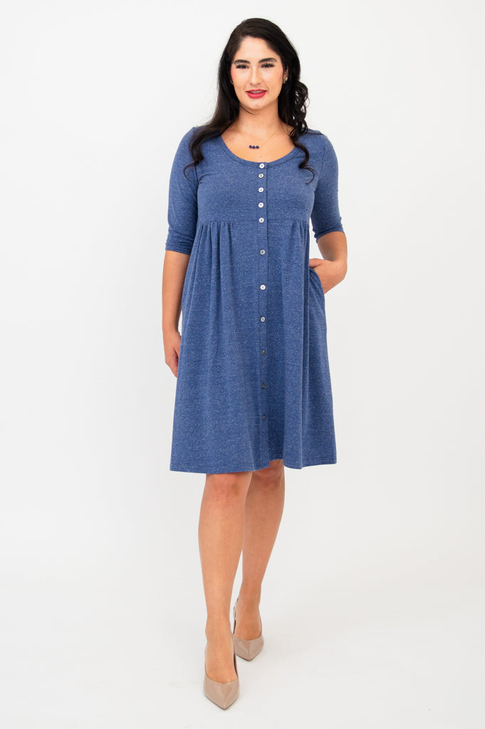 white christmas dresses Women's Denim Dress Puff 3/4 Sleeve Button Up Collar A Line Swing Ruffle  Tiered Midi Jean Dresses