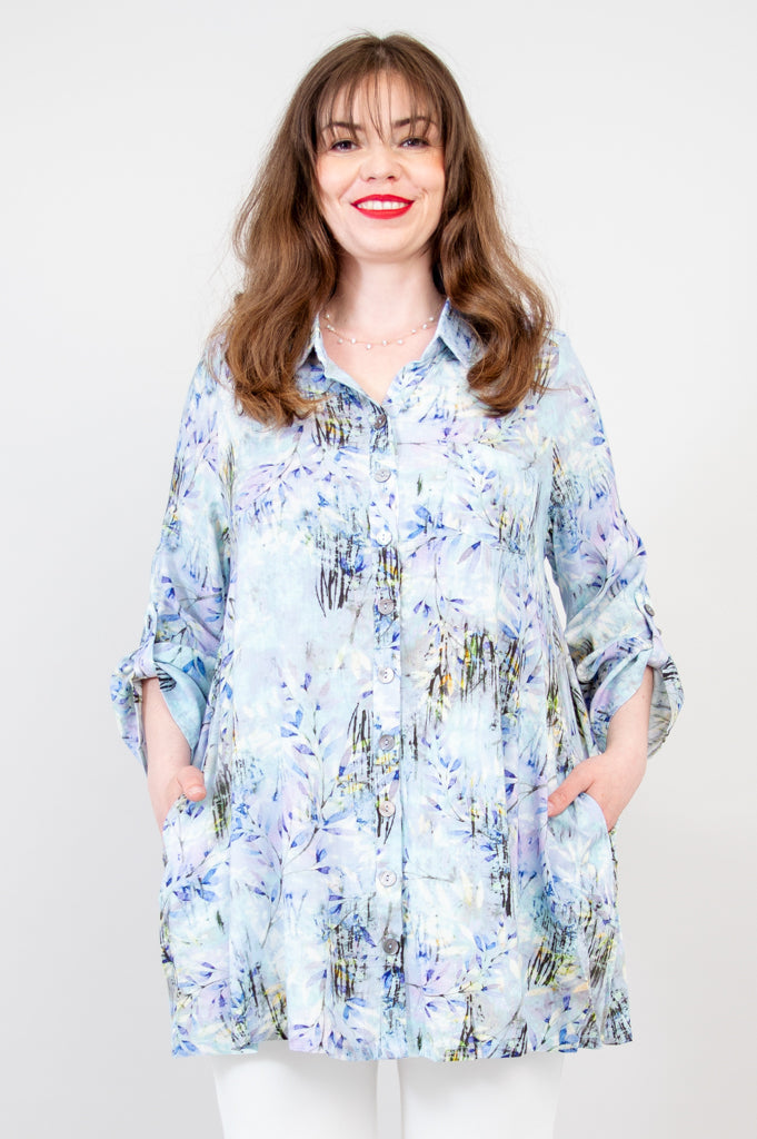 chinese dress ladies Serene Tunic, Blue Zest, Linen Bamboo XSmall