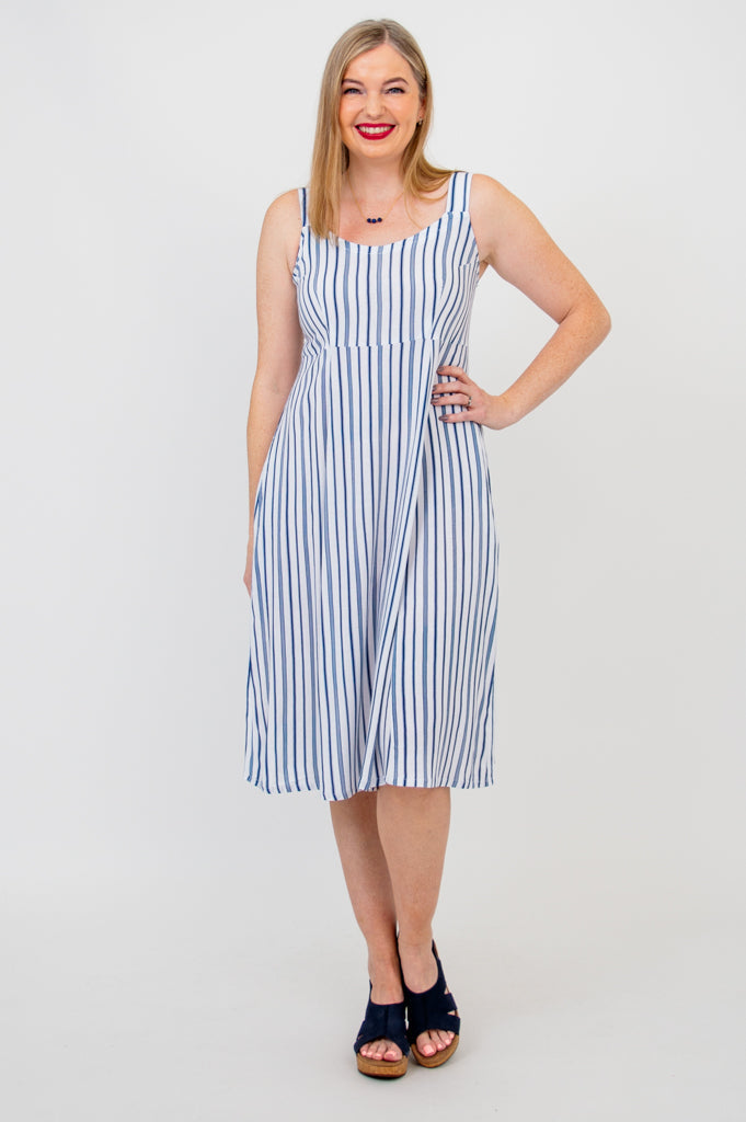 Shauna Dress, Indigo Stripe, Linen Bamboo - Final Sale 3X