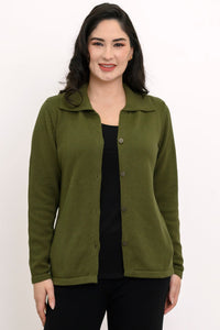 Studio portrait showcasing a khaki green long sleeve knit sweater with a classic collar.