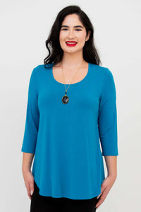 Front view close-up of blue 3/4 sleeve bamboo top