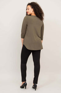 Back view of woman wearing olive green 3/4 sleeve bamboo top