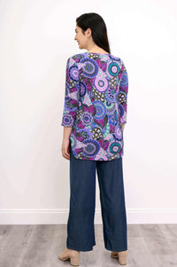 Back view of Jazz 3/4 Carnival top highlighting print and length