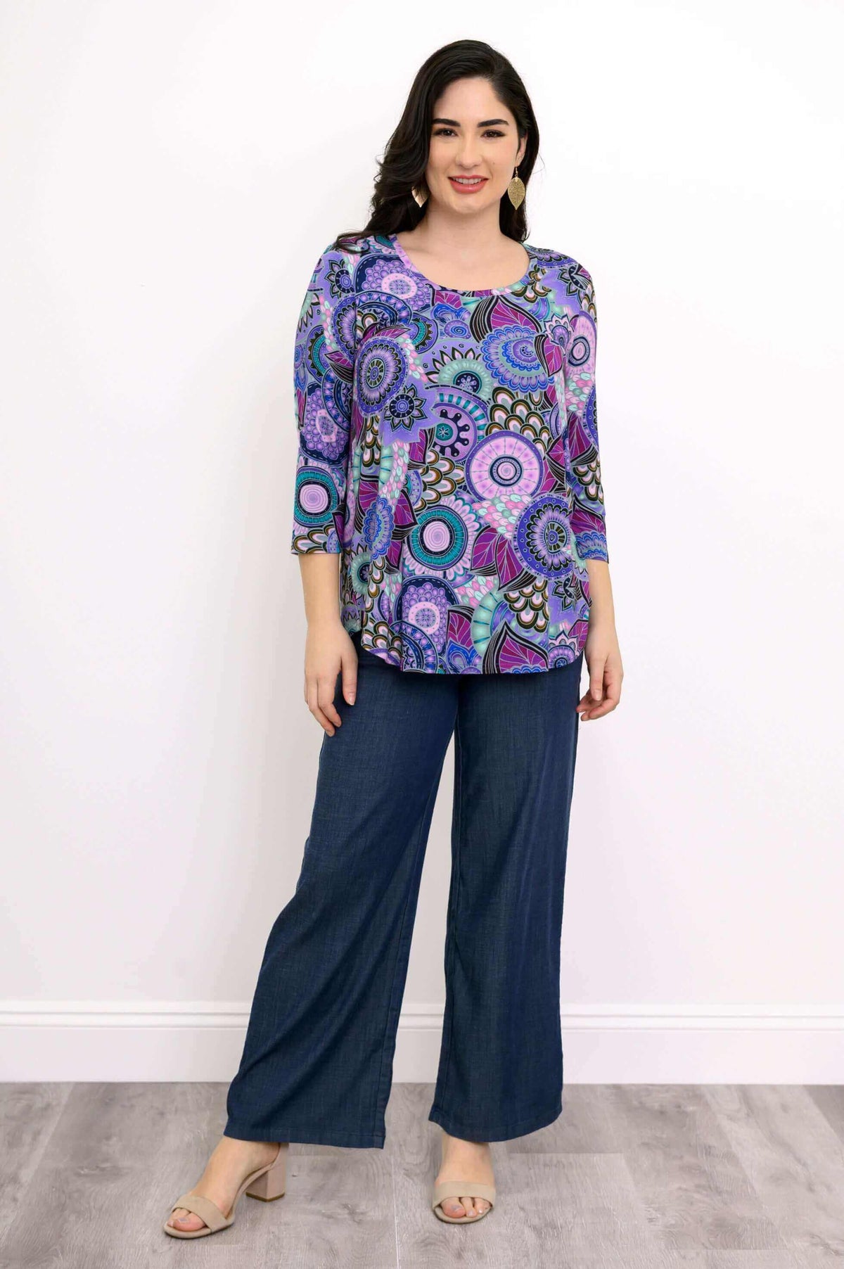 Full body view of Jazz 3/4 Carnival top with wide-leg pants