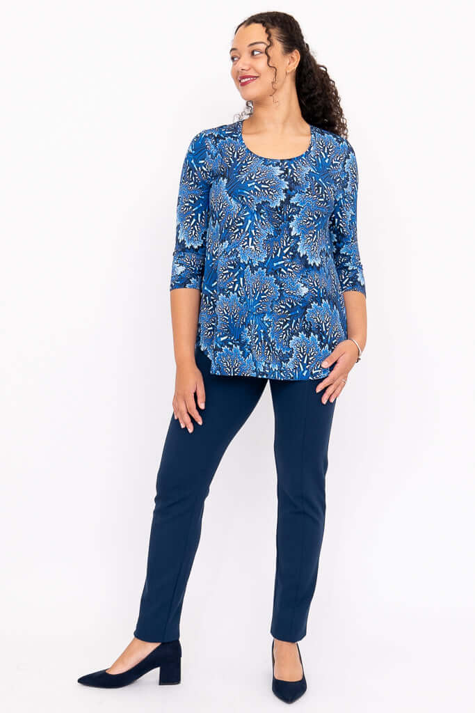 Model styled in full outfit with Jazz 3/4 Sleeve Bamboo Top and matching blue pants