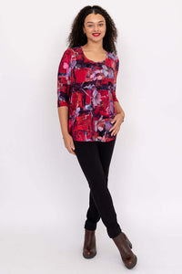 Full body view of model in Jazz 3/4 sleeve bamboo top with black pants and brown boots