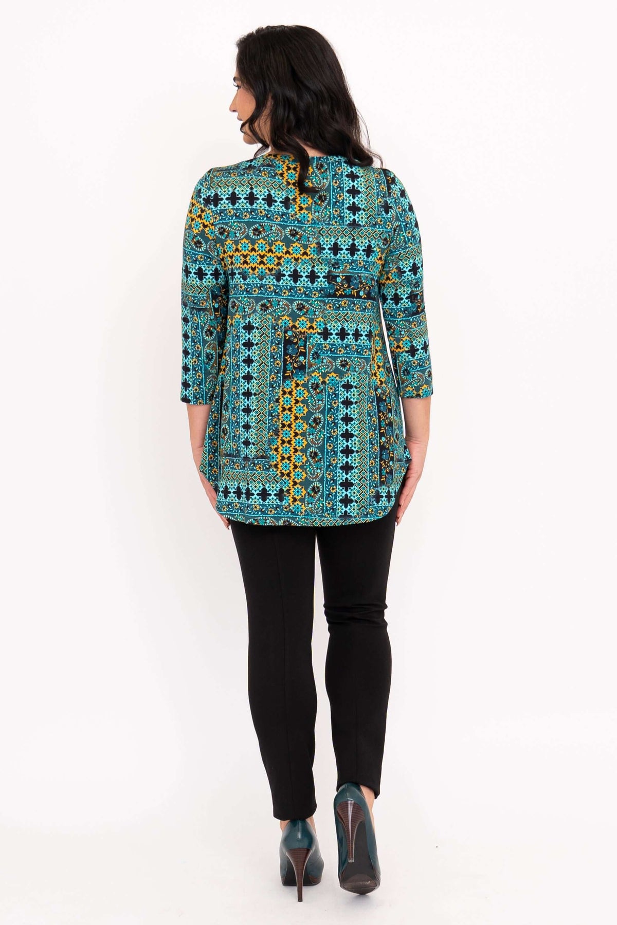 Back view of turquoise and gold patterned 3/4 sleeve bamboo top