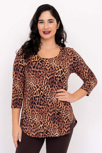 Front view of woman wearing Jazz 3/4 Sleeve Leopard Top with hand on hip