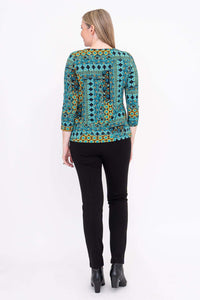 Back view of woman wearing Margorie 3/4 sleeve fitted tee with colorful print