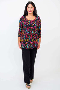 Full front view of Jazz 3/4 Sleeve Top styled with black pants