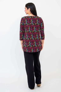 Back view of Jazz 3/4 Sleeve Top in colorful prism print