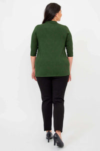 Back view of woman in green bamboo 3/4 sleeve top and black pants