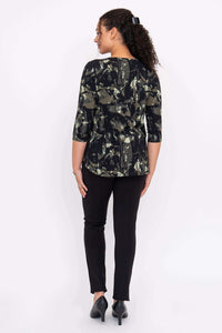 Back view of model showcasing Jazz 3/4 sleeve abstract bamboo top