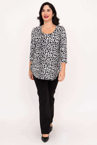 Model walking in Jazz 3/4 sleeve leopard print bamboo top