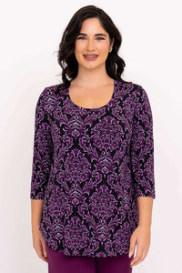 Closeup of woman in a purple damask Jazz 3/4 sleeve bamboo top