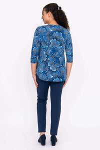 Back view of woman wearing blue patterned Jazz 3/4 sleeve bamboo top