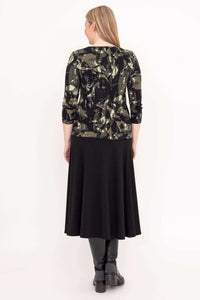 Back view of black brushstroke 3/4 sleeve top and black skirt outfit