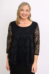 Front view of woman wearing black lace Ellen Top with 3/4 sleeves