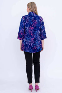 Back view of blue and pink floral Cindy smocked blouse with 3/4 sleeves