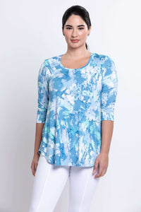 Front view of woman wearing a blue haze print bamboo top with 3/4 sleeves