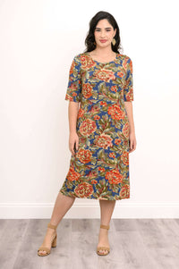 Model showing the floral bamboo midi dress with 3/4 sleeves, front-facing