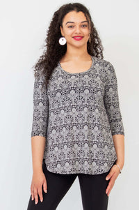 Front view of model wearing the Jazz Bamboo Top in black damask pattern with 3/4 sleeves