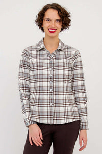 Front view of model wearing Alexis Top in brown plaid cotton