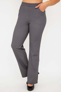 Angled front view of Sasha bootcut pants with hand in pocket