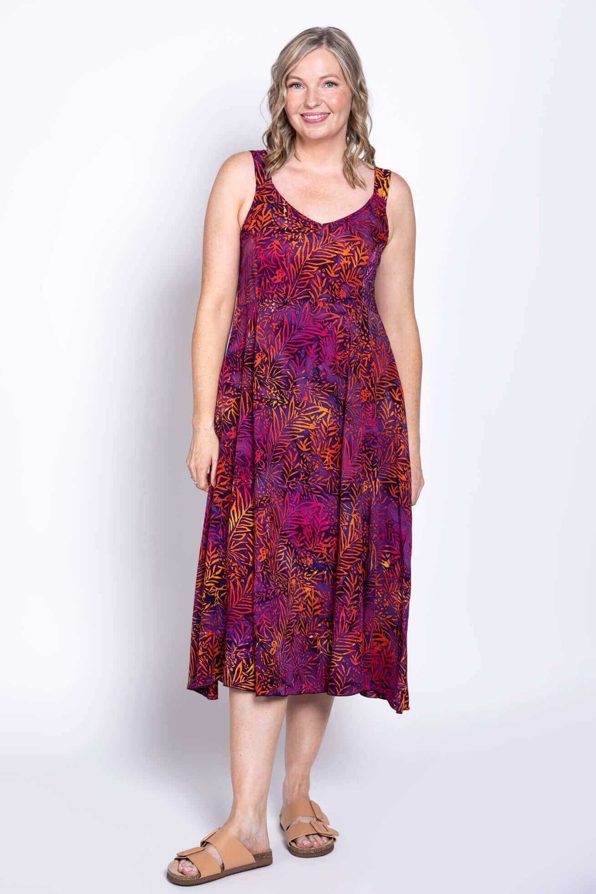 Angled front view of Shauna A-line dress displaying flowy fit and vibrant print