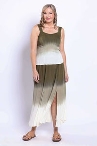 Angled front view of olive ombre maxi skirt with slits