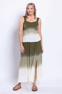 Angled front view of olive ombre tank top and matching skirt with slit