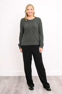 Front-facing shot of a graphite patterned sweater, illustrating a comfortable, relaxed-fit drape.