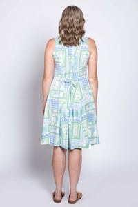 Back view of Arden dress showing tie-back detail and tropical print