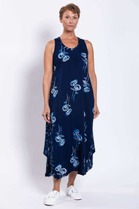 Full-length front view of Ari indigo floral tank dress on model