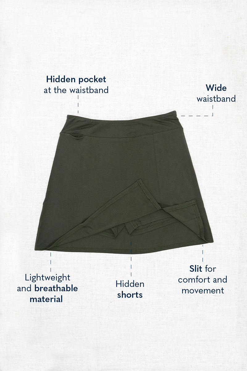 Green skirt on a white background with labels showing the featured parts of the skirt