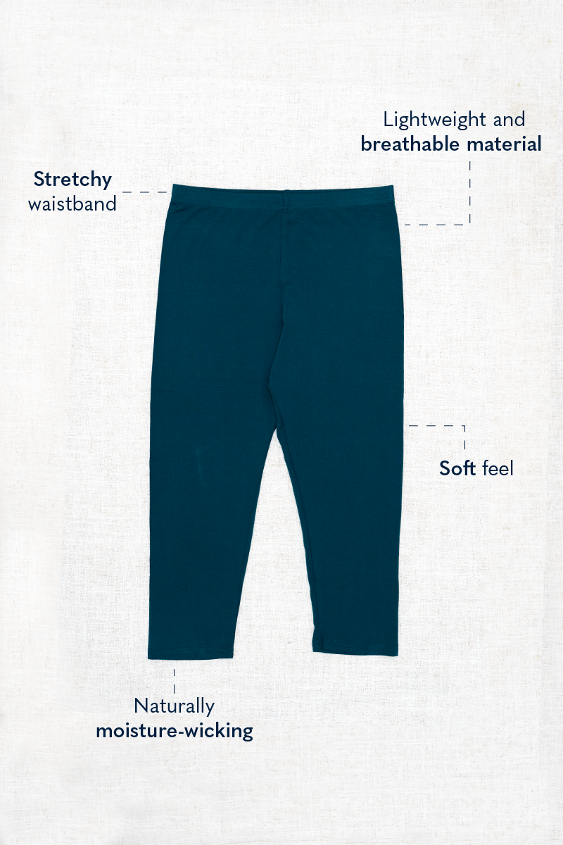 Teal leggings with text labels on a white background showing features of the leggings