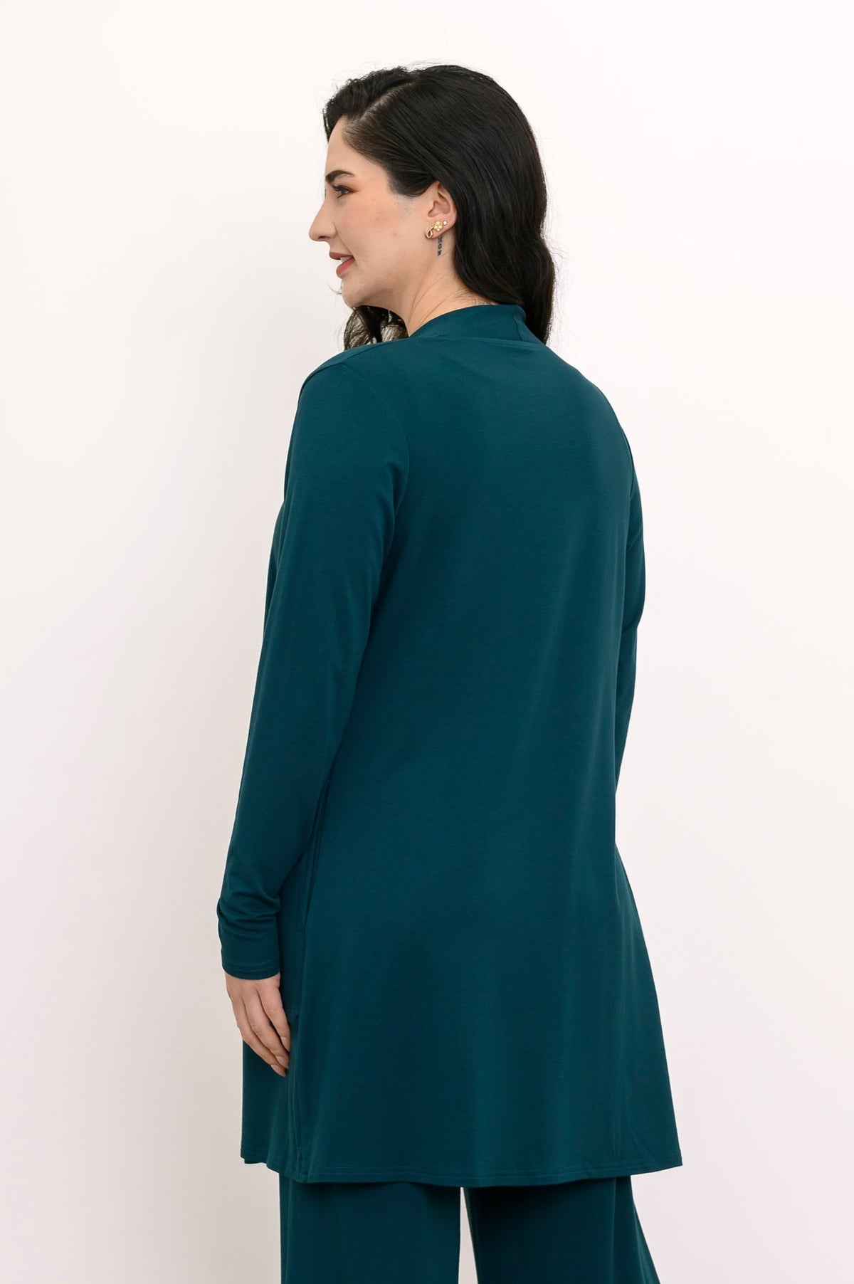 Rear studio shot of a fluid crystal teal French terry cardigan featuring a clean straight hemline design.