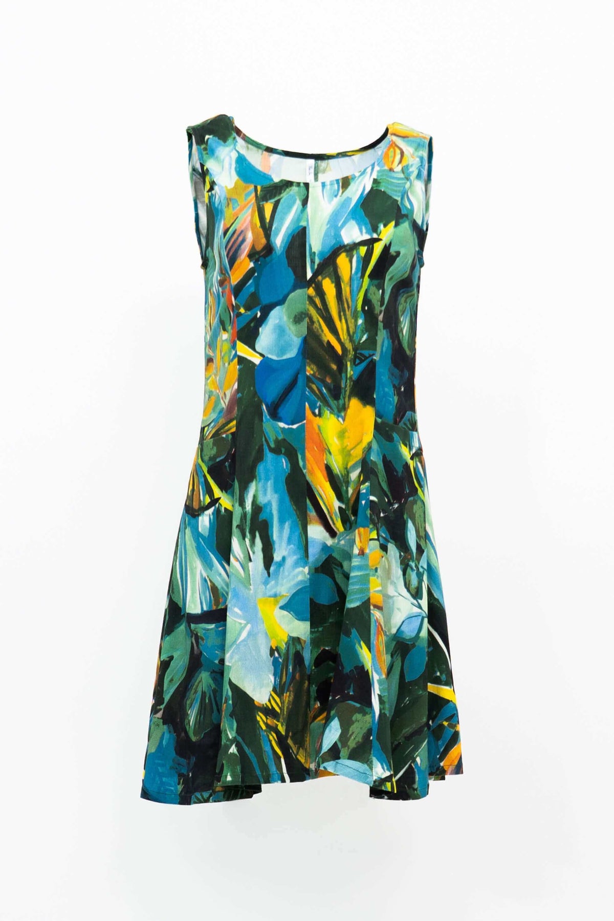 Ava dress in rainforest print displayed on white background, front view