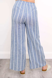 Back view of the Parker Pant in blue and white vertical stripes