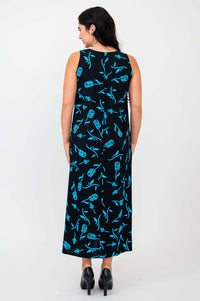 Back view of black ankle-length dress with blue floral print
