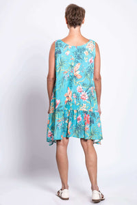 Back view of a turquoise dress with colorful floral pattern and ruffle detail
