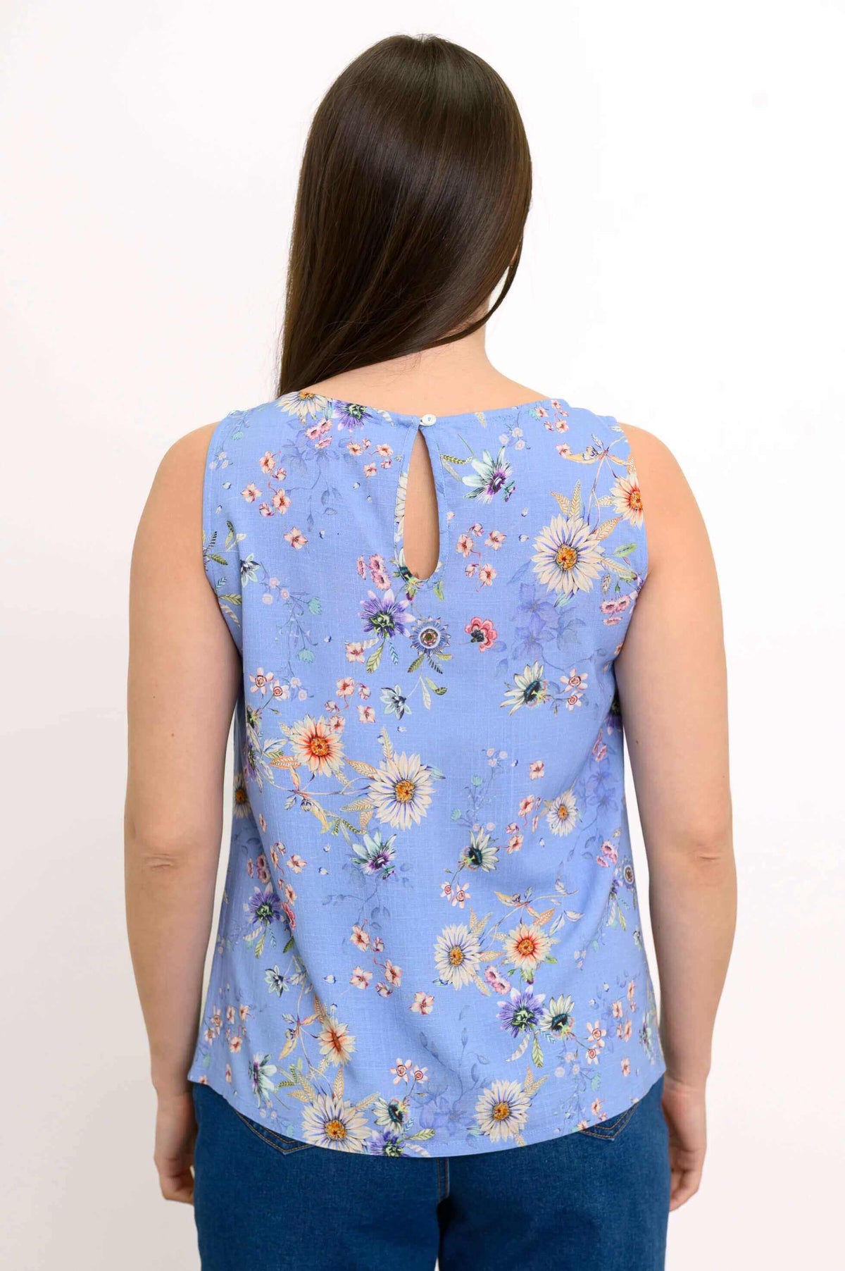 Back view of blue floral tank top showing keyhole button closure and floral pattern