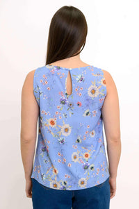 Back view of blue floral tank top showing keyhole button closure and floral pattern