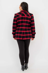 Back view of plaid wool blazer showing yoke detail and structure