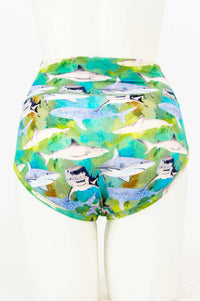 Back view of La Gaunche high-rise brief with playful shark pattern