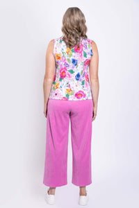 Back view of floral cotton tank top paired with pink pants