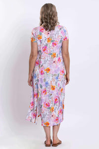 Back view of the Morgan dress featuring floral pattern