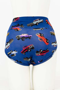 Back view of high-waisted women's underwear with all-over retro trucks pattern