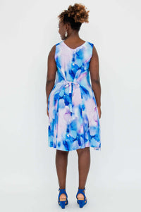 Rear view of Sara dress showing tie-belt in blue watercolor print