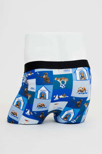 Back view of boxer briefs in dog house print, showing wide waistband and fit
